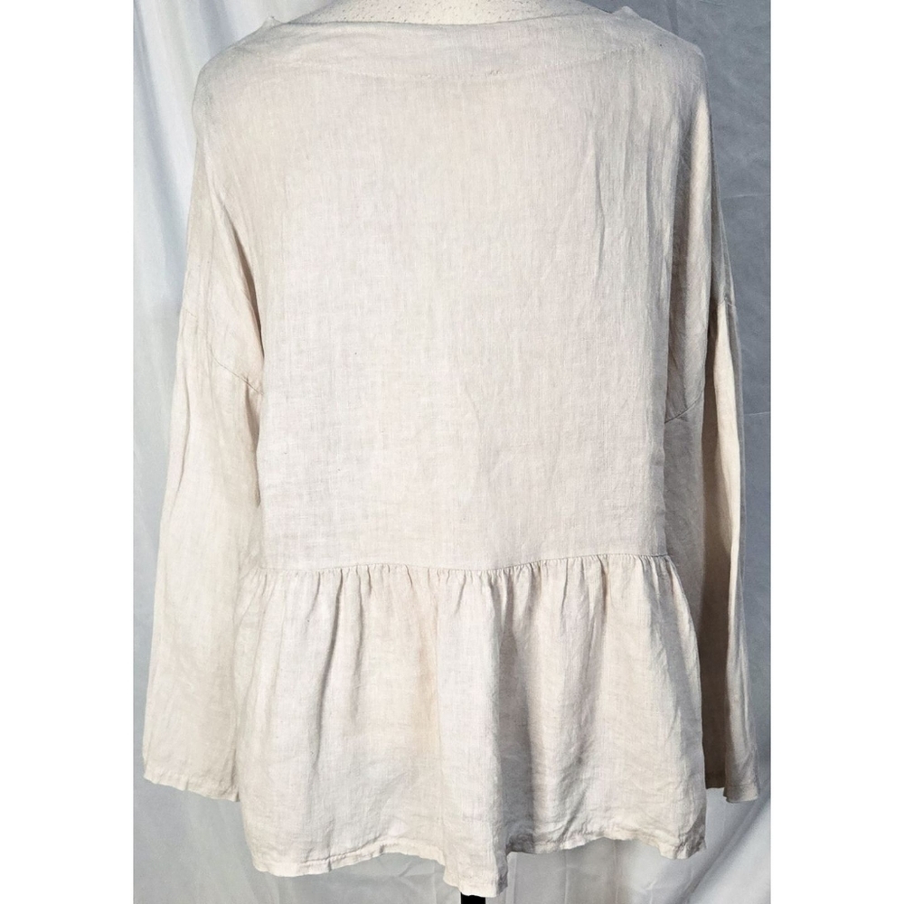 Vanessa Zani Linen Blouse Shirt Long Sleeve Ruffle Beige Lagenlook Top - Picture 2 of 3